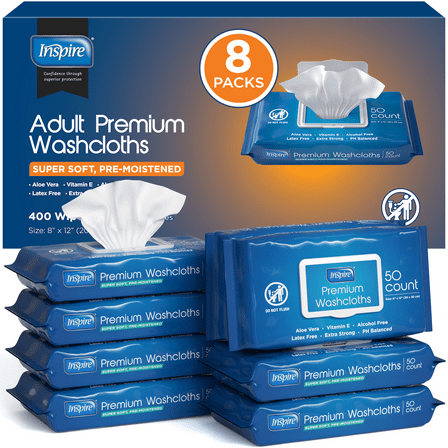 Adult Wipes for Elderly - Extra Large, Unscented Wash Cloths with Aloe Vera, 50 wipes (8 Count)