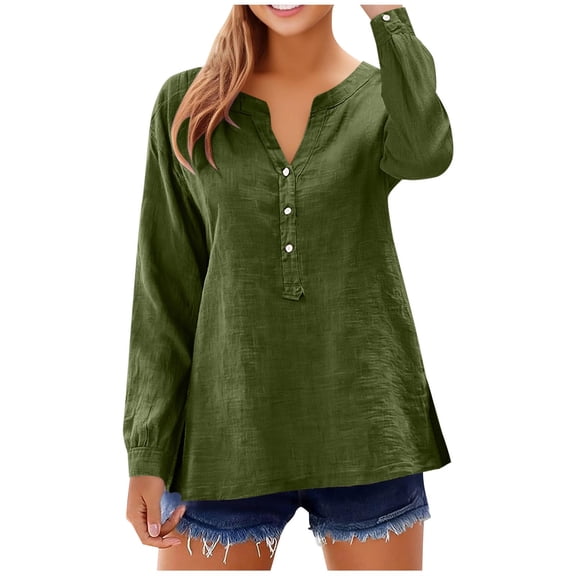 Womens Linen Long Sleeve Shirts Ladies V Neck Fall Tunic Tops Casual Dressy Blouses for Leggings Army Green XXL