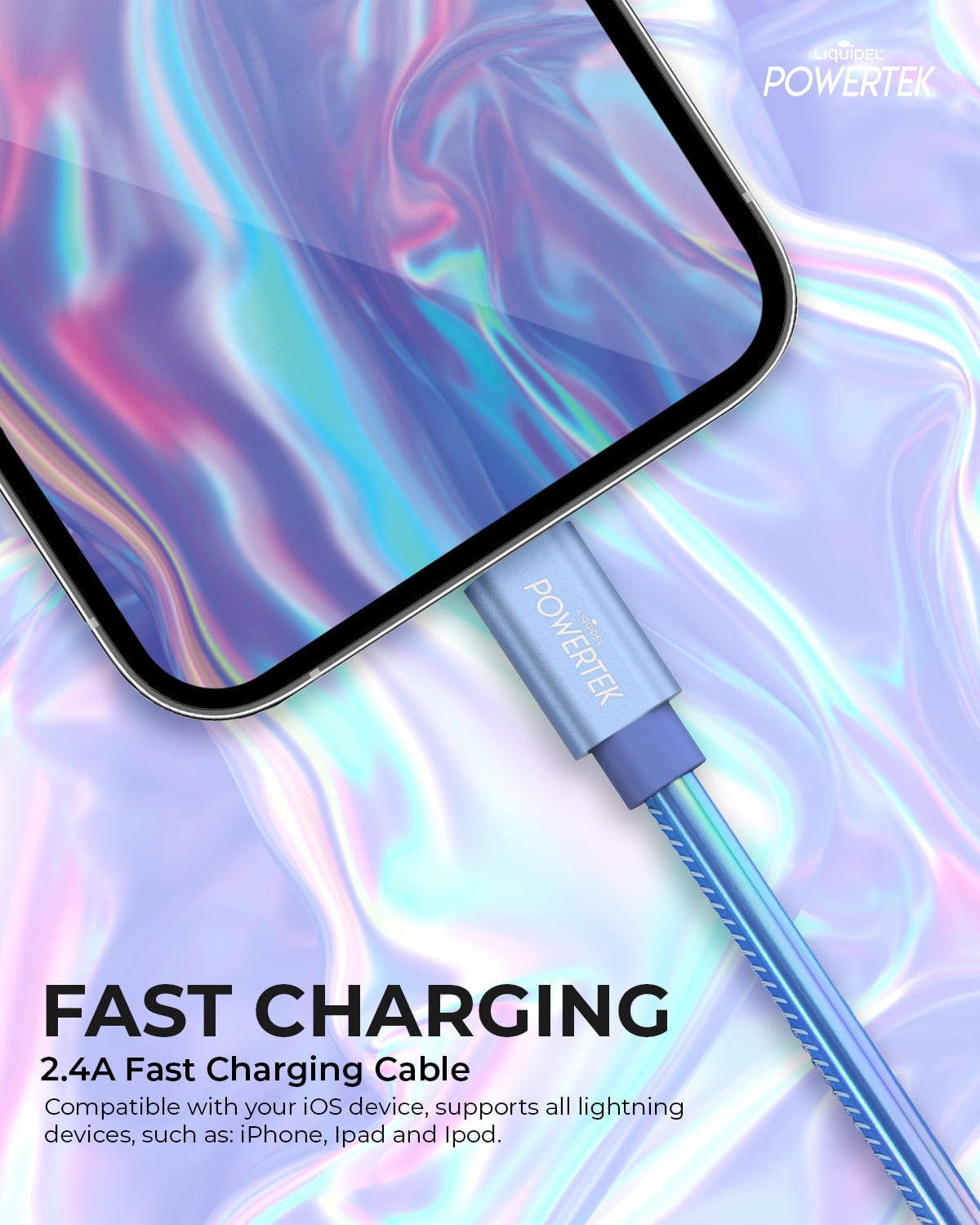Liquipel Powertek iPhone Charger Cable [MFI Certified], Fast Charging 6ft Lightning to USB Cord Adapter, Compatible for iPad, Metallic Shine Light Blue