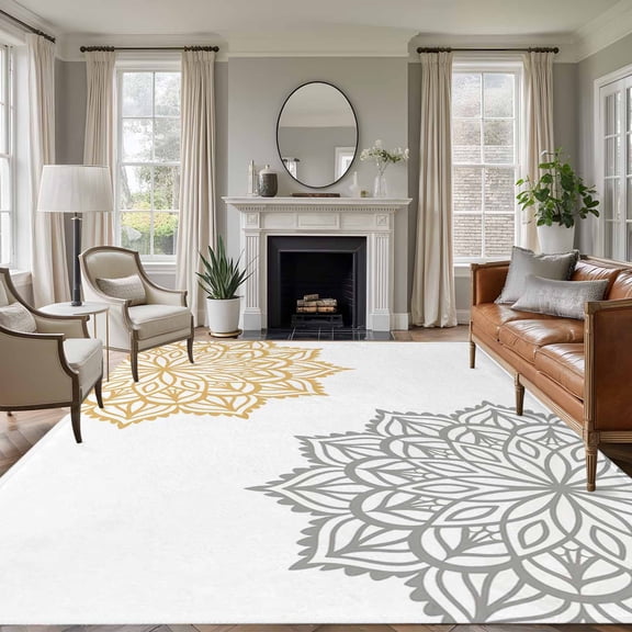 Area Rug for Living Room, Boho Gray Beige Floral Non-Slip Indoor Large Carpet for Bedroom/Dining Room, Retro Abstract Art Flowers Washable Low-Profile Rectangle Floor Runner Rugs - 6 x 9 Ft