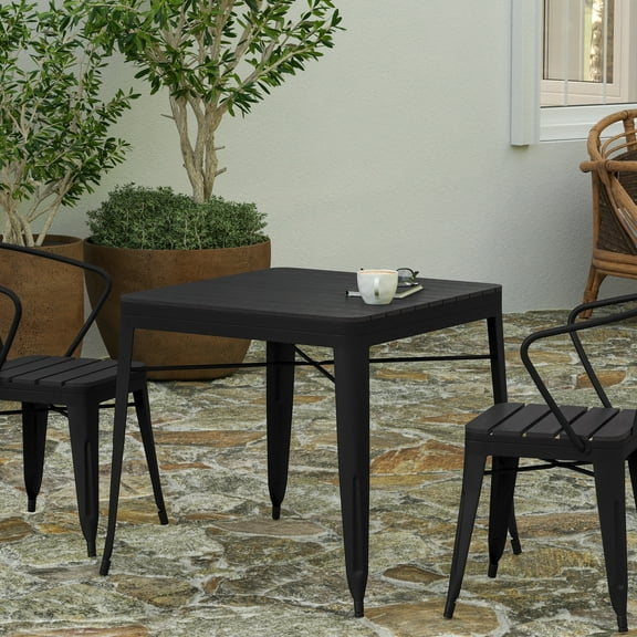 Merrick Lane 31.5" Square Indoor/Outdoor Black Steel Patio Dining Table for 4 with Black Poly Resin Slatted Top