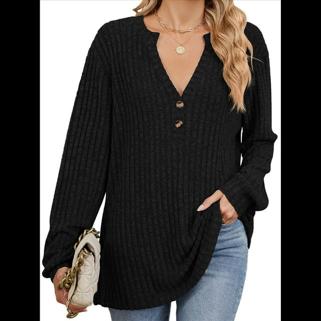 Camisa Henley de Larga para Mujer, Cuello en V, Suéteres Casuales Elegantes, Ropa de Moda para Otoño. Negro L