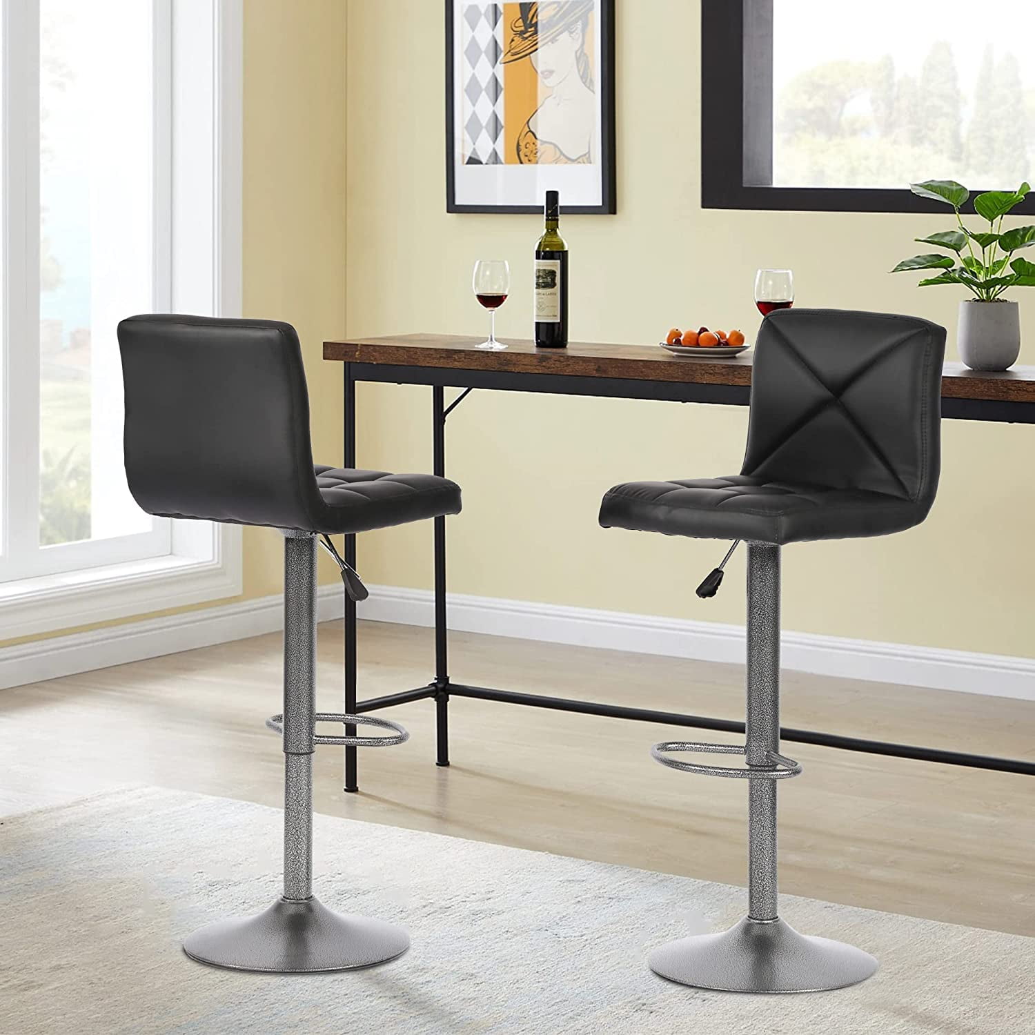 FDW Bar Stools Set of 2 Counter Height Swivel Stool PU Leather Modern Height Adjustable Swivel Barstools Hydraulic Chair Bar Stools,Black
