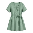 thumbnail image 4 of Women's Summer Cotton Linen Wrap V-Neck Mini Dress Short Sleeve Waist Tie Flowy A-Line Casual Swing Dress for Beach Daily Wear Green L(L), 4 of 7