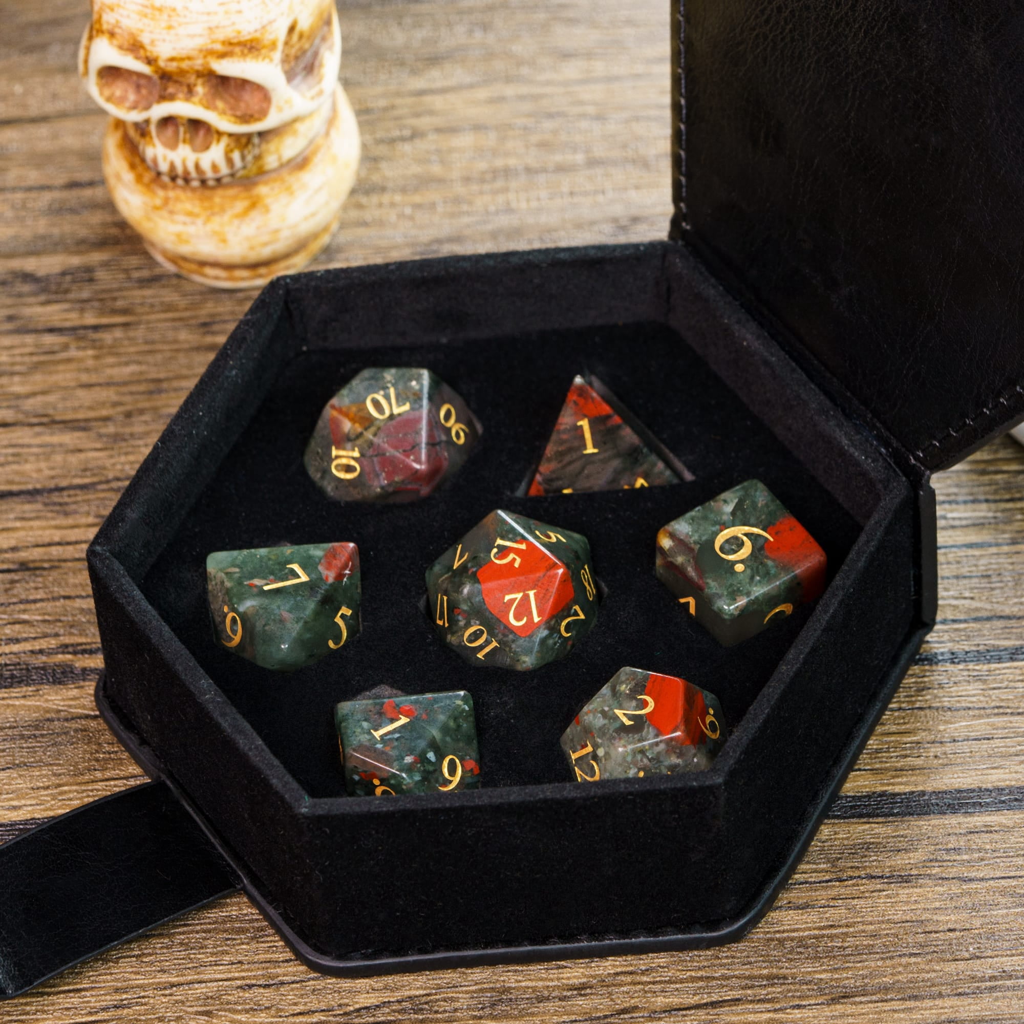 Cusdie Set of 7 Handmade Stone Dice, 16mm Polyhedral Stone Dice Set with Leather Box, DND Dices for Collection