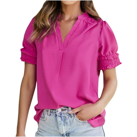 WIZUTIZ Corset Tops for Women Holiday Saving Loose Fit Retro Trendy Tee Ladies Athletic V-Neck Tshirt Oversize Short Sleeve Tops Tunics Plus Blouse Tshirts Fluffy Plain Solid T-shirt Hot Pink S