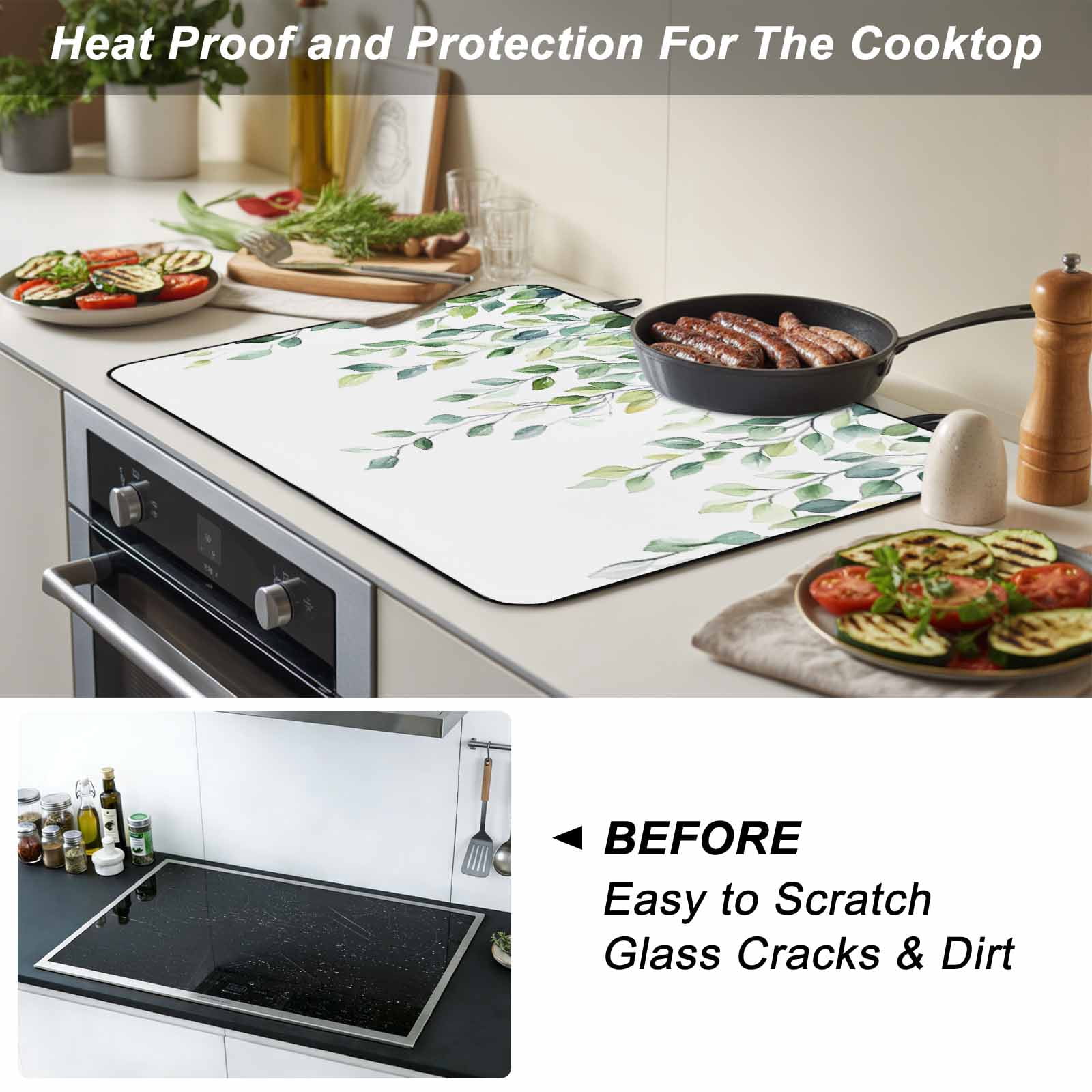 Spring Eucalyptus Leaves Stove Top Cover for Electric Stove, Heat-proof & Non Slip Glass Top Stove Cover Protector, Botanical Summer Kitchen Flat Cooktop Rubber Mat 24x21 Inches