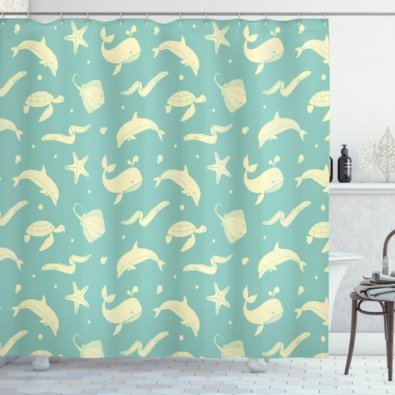 Whales Shower Curtain, Childish Pastel Toned Pattern of Dolphin Turtle Starfish Stingray Eel, Fabric Bathroom Set with Hooks, 69W X 84L Inches Extra Long, Seafoam and Pale Yellow, by Ambesonne