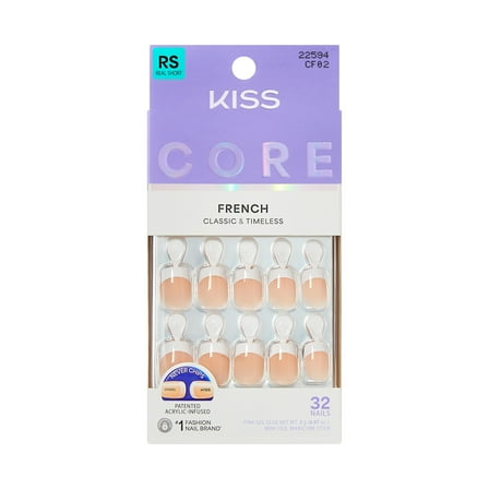 KISS CORE French Tip Press On Nails, ‘If You Dare’, White, Real Short Squoval, 32 Count