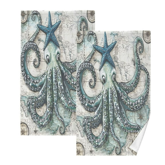 Ryvnso Retro Octopus Cotton Hand Towels Sets Face Towel 2 PCs Bathroom Decorative