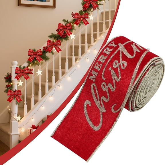 Clearance Under $1 Velvet Christmas Ribbon with Glitter Merry Christmas Lettering - 2 Meters