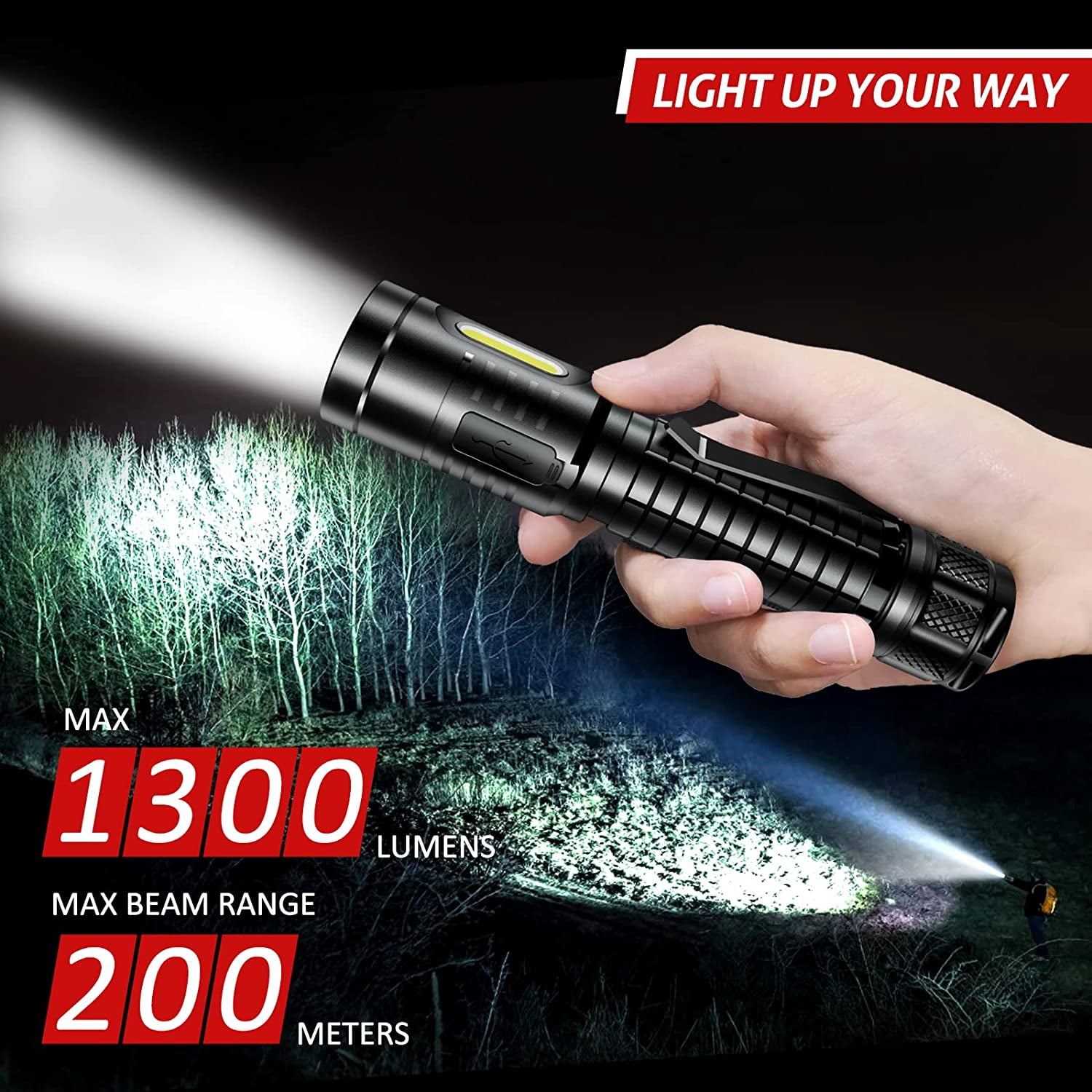 Flashlight, Rechargeable Magnetic LED Flashlight High Powered 1300 Lumens,Tactical LED Light Torch COB Work Light,9 Modes,IP67 Outdoor Gear A7