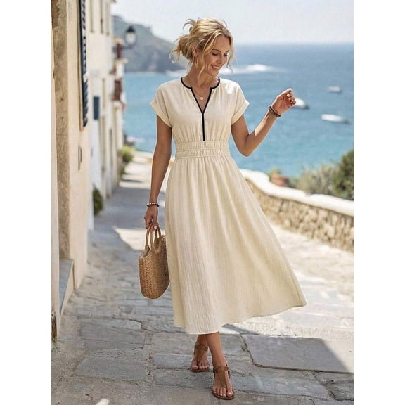 Womens Casual Khaki Smocked Waist Pleated Sleeveless Vacation Dress