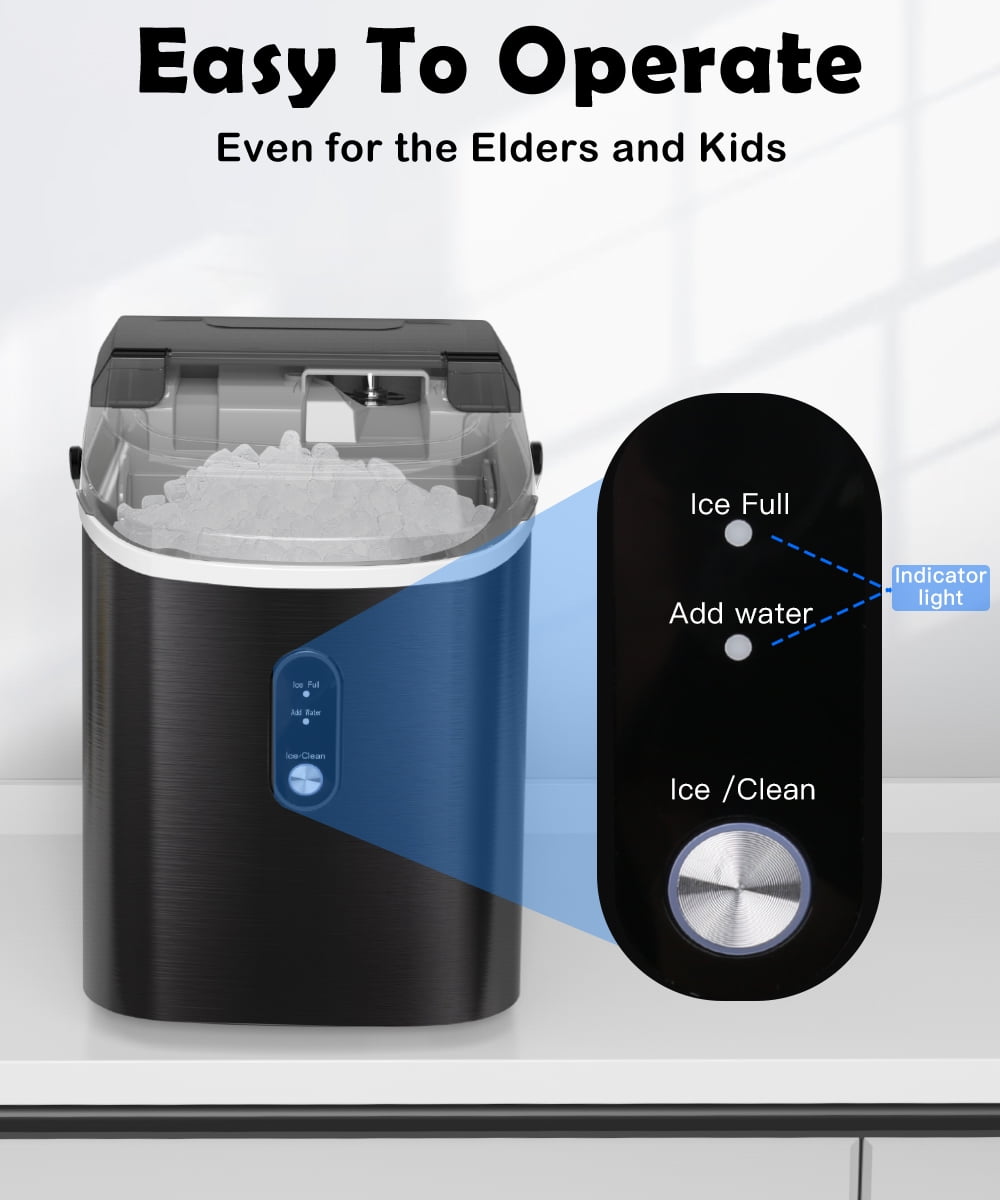 Moifoi 33lbs Countertop Nugget Ice Maker, Potable with Scoop, Soft Nugget Ice Ready in 10mins, Stainless Steel, Black