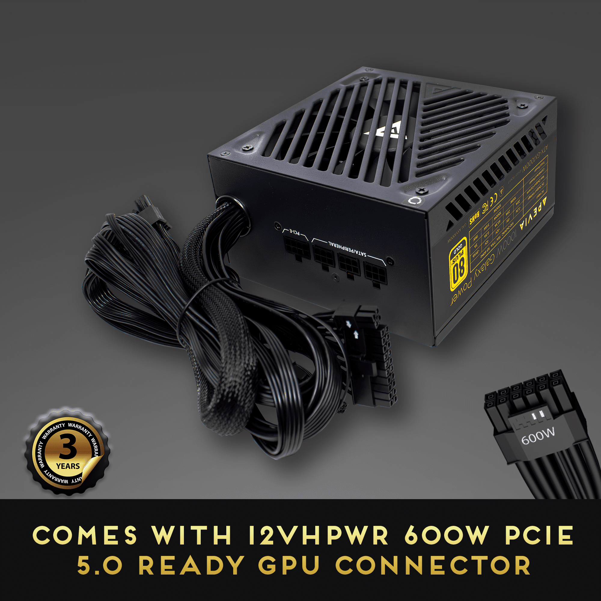 Apevia ATX-GX1000W PCIe 5.0 & ATX 3.0 Ready Galaxy 1000W 80+ Gold Certified, Gen 5 12VHPWR Connector, Active PFC ATX Semi-Modular Gaming Power Supply