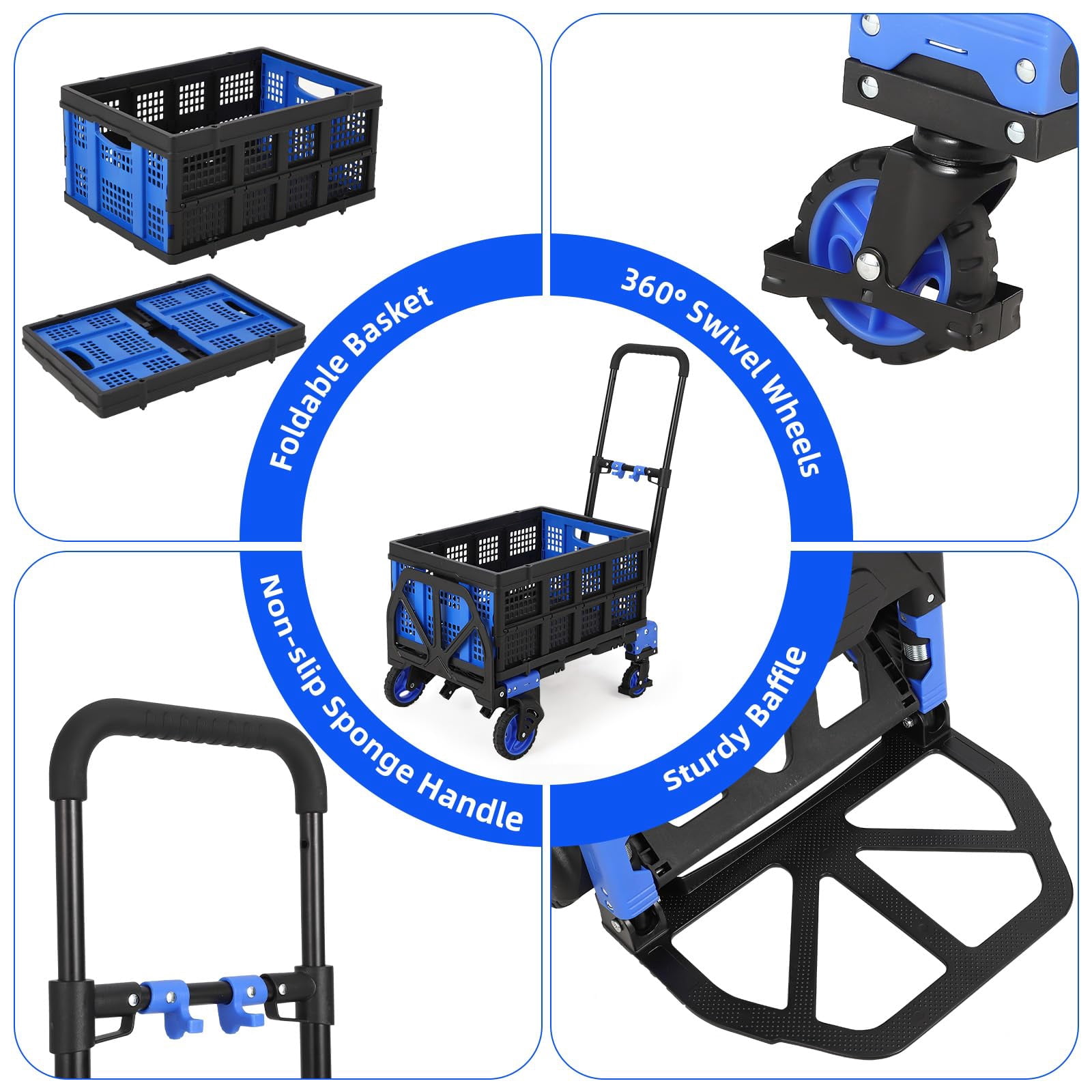 Danolapsi 2 in 1 Folding Hand Truck Dolly, Convertible Hand Truck with Foldable Basket, Portable Dolly Cart with Wheels, Retractable Handtruck Dolly for Luggage, Travel, Office