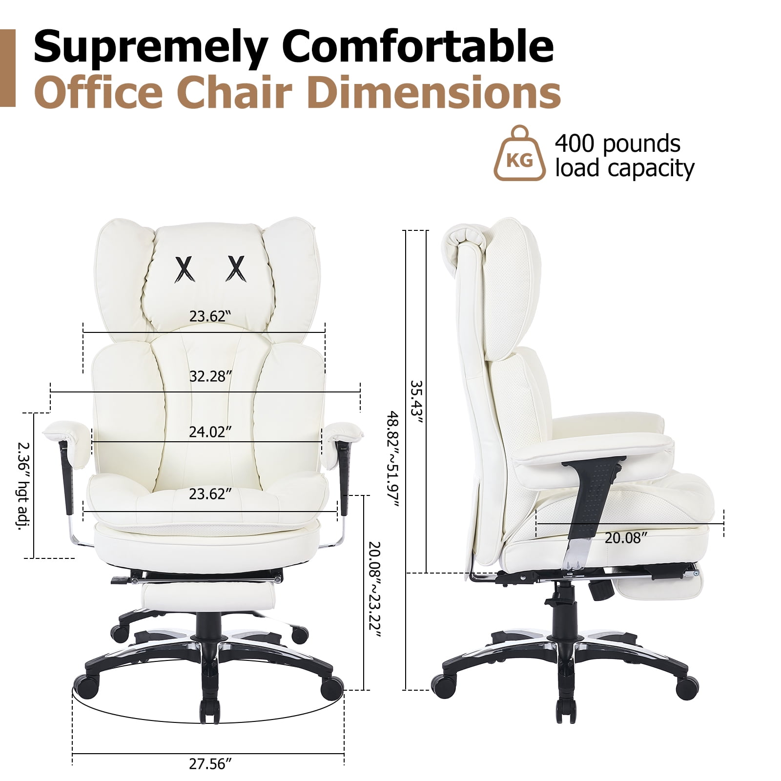 ATMILD 400lbs Big & Tall  Comfortable Stylish PU Leather Home Office Desk Chair with Footrest & Lumbar Support (White)