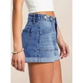 thumbnail image 3 of EMMIOL Women's Mid-Rise Stretchy Denim Hot Shorts Y2K Vintage Washed Rolled Hem Jean Shorts with Adjustable Waist and Patch Pockets, 3 of 9