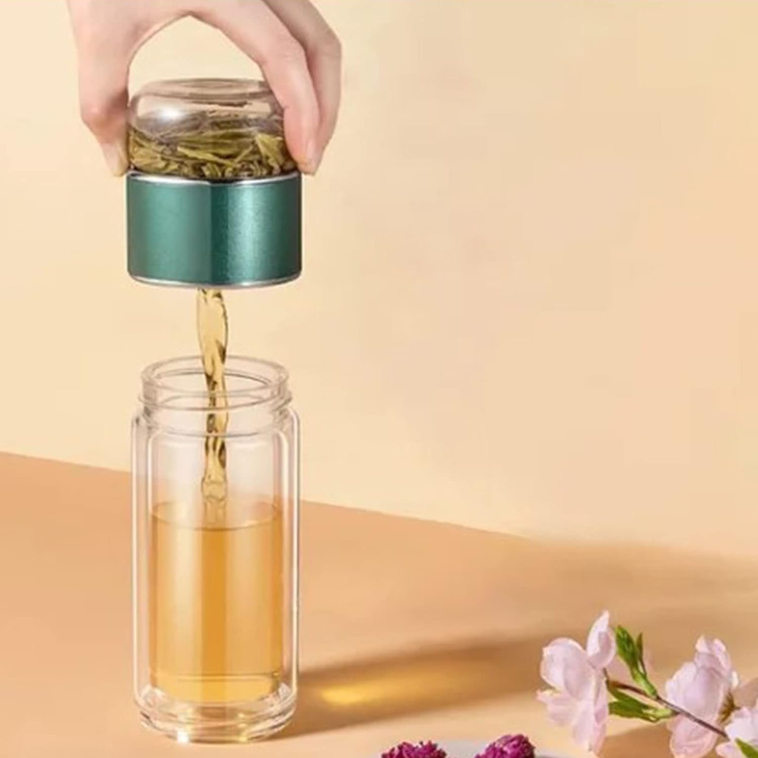 ABCISI Tea Infuser Bottle, 420ml Tea Tumbler with Infuser Double Layer for Loose Leaf Tea, Protable Stainless Steel Leakage Proof Glass Water Bottle for Office Travel Home (green)