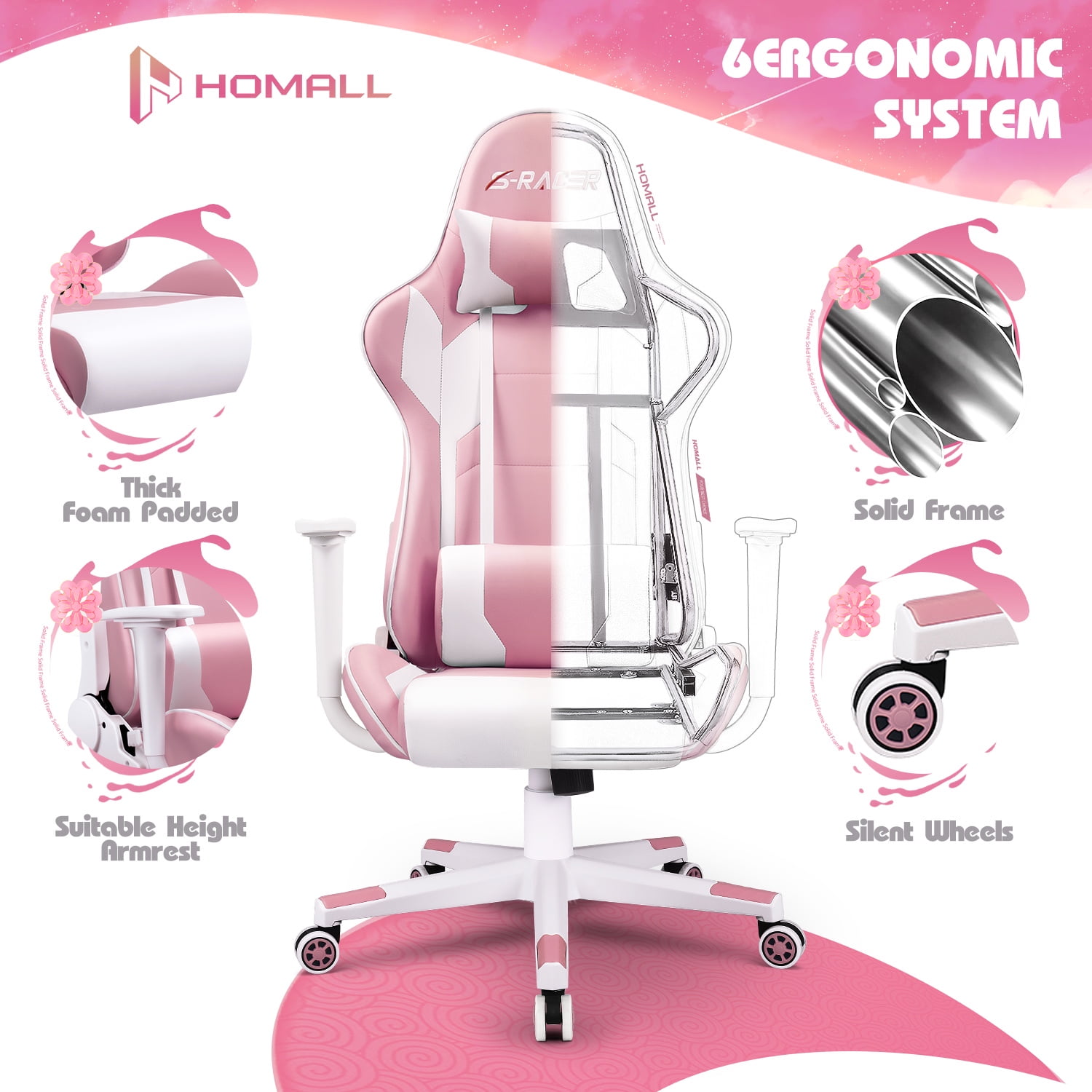 Homall Gaming Chair office Chair with Headrest & Lumbar Support, Pink