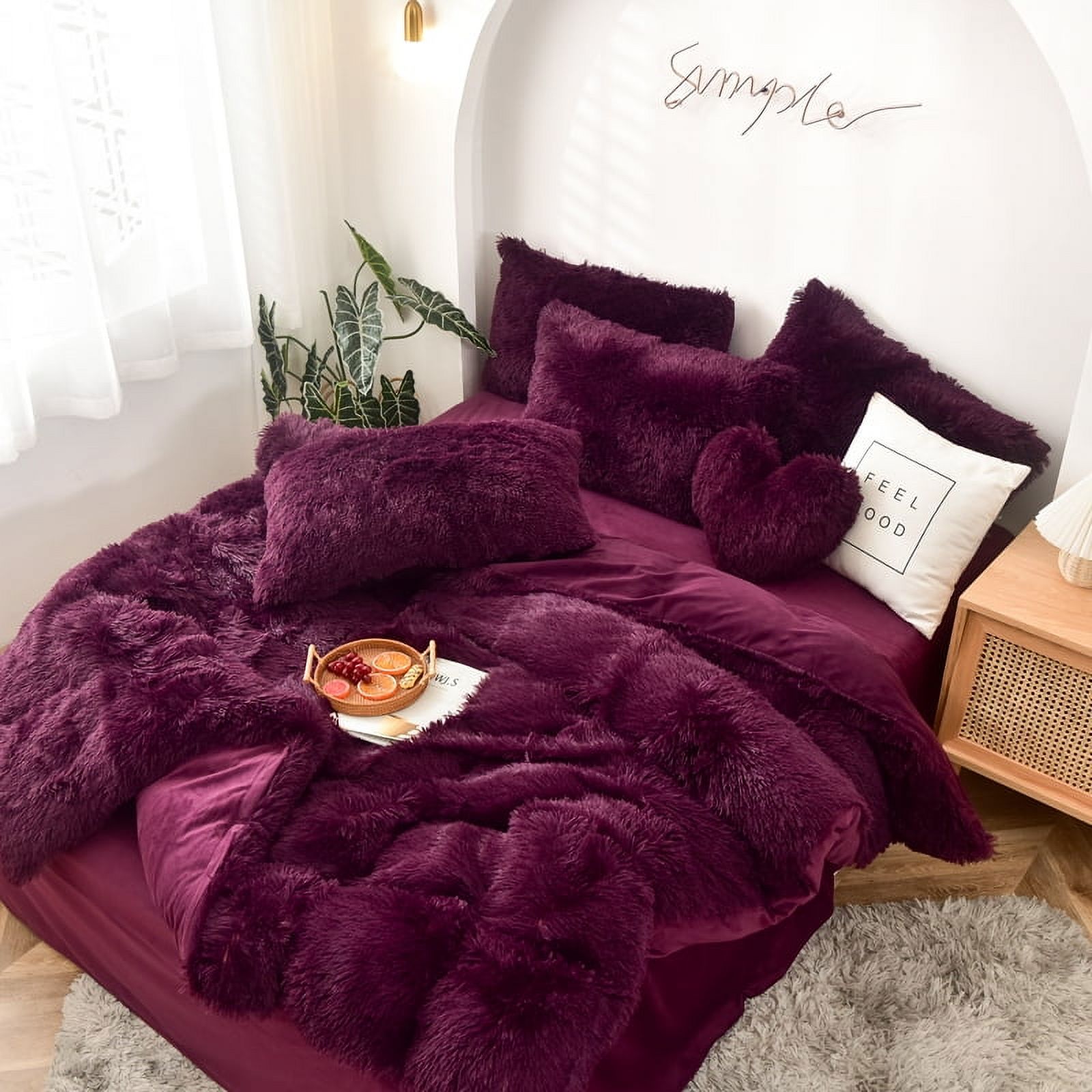 MorroMorn 5 PCS Shaggy Duvet Cover Bedding Set - Fluffy Comforter Cover Long Faux Fur Luxury Ultra Soft Cozy (Maroon, Full/Queen)