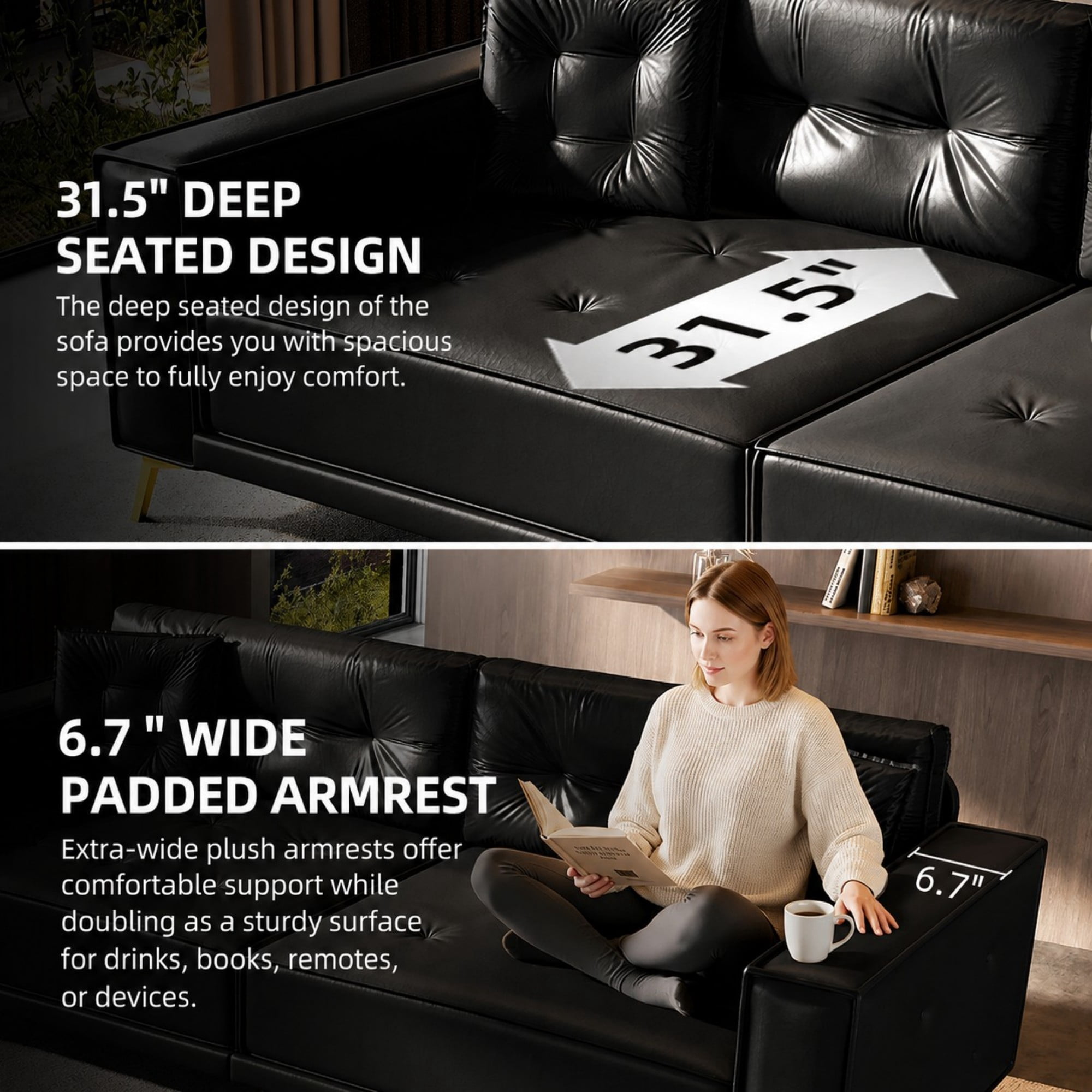 DEALTOPS 92" Modern 4-Seater Faux Leather Pull Out Sofa Bed, King Size 3-in-1 Sleeper with 2 Pillows, Black