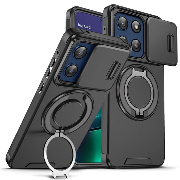 Magnetic Case for Motorola Moto G Stylus 5G 2025 ,Hard Plastic Shell Phone Case with Phone Ring Grip Holder Kickstand/Slide Camera Cover, Protective Shockproof Cover,Black