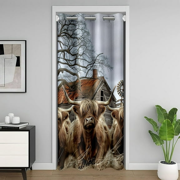 Highland Cattle Blackout Curtain 34"W X 80"L,Funny Cute Cow Door Curtain For Doorway Privacy Teens,House Windmill Tree Door Drape,Farmhouse Animal Room Divider Curtain For Bedroom Doorway