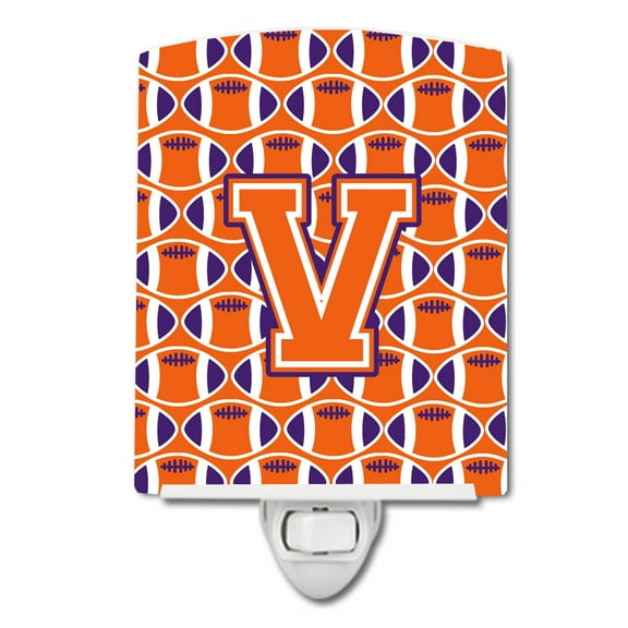 Caroline's Treasures CJ1072-VCNL Letter V Football Orange, White and Regalia Ceramic Night Light, 6x4x3", multicolor