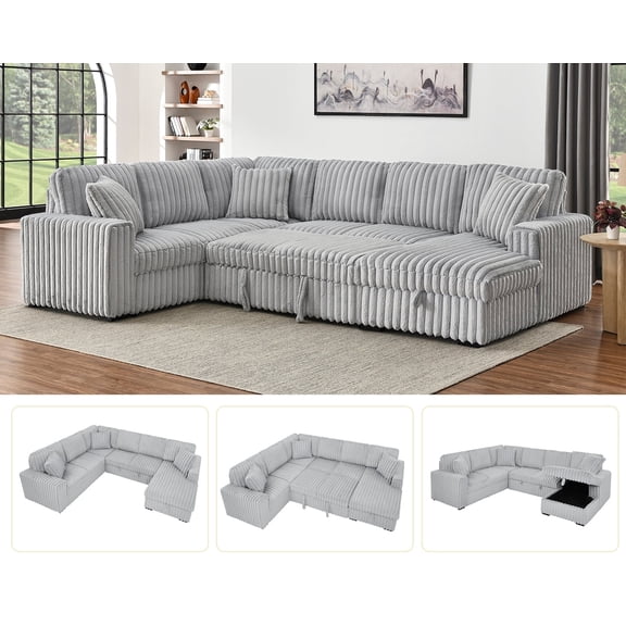Oversized 122" U-Shaped Sectional Sleeper Sofa Bed with Pull-Out Bed,Storage Chaise,Type-C USB,Fuzzy Plush,7-Seat,Gray