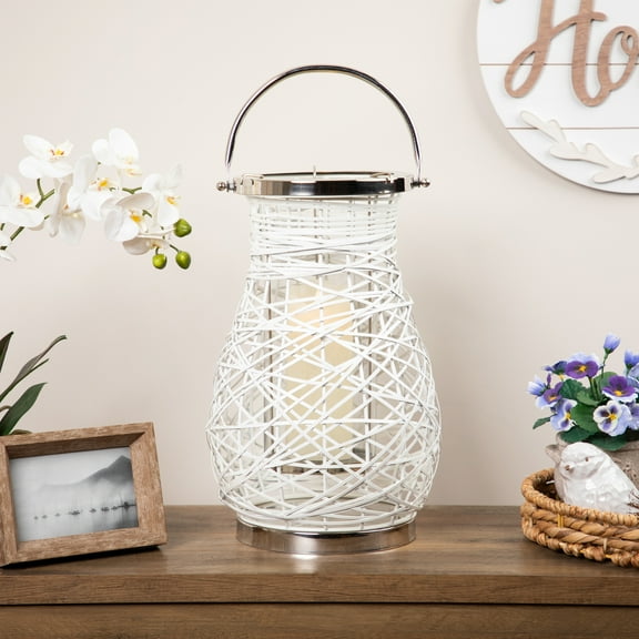 Northlight Woven Iron Pillar Candle Lantern with Glass Hurricane - 16.25" - White