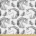 thumbnail image 1 of Tattoo Fabric by the Yard, Fictional Animal Orchids Unicorn Profile with Peacock Feathers on Its Mane Hair, Upholstery Fabric for Dining Chairs Home Decor Accents, 10 Yards, Black White by Ambesonne, 1 of 4