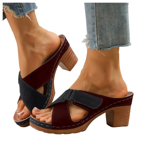 Rokment Women's Vintage Orthopedic Platform Chunky Block High Heels Slip on Dress Sandals Adjustable Breathable Suede Crooss-Band Heeled Slides Beach Summer Shoes for Woman Black Size 6