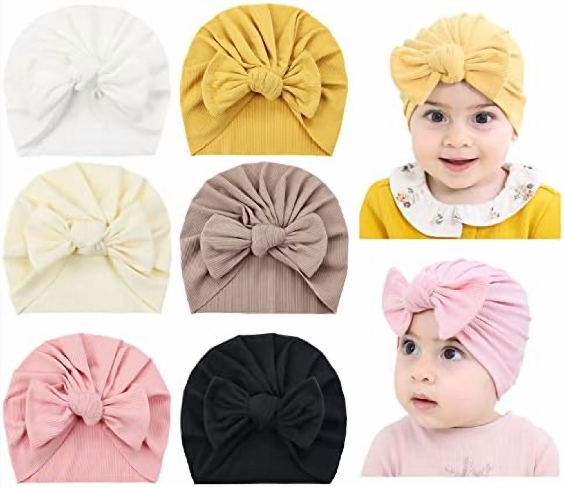 6 Pack Soft Stretchy Turban Hats with Knotted Big Bow Caps 