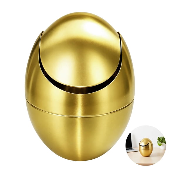 Mini Desktop Trash Can, Gold Metal Garbage Can with Swing Lid, 7.7 x 5.5 in Unique Egg Shaped Stainless Steel Garbage Can, Countertop Trash Can for Vanity Office and Makeup Table