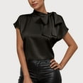 thumbnail image 2 of JGGSPWM Womens Silk Satin Bow Tie Neck Short Sleeve Button Down Dressy Casual Office Work Elegant Blouses Tops Black L, 2 of 7