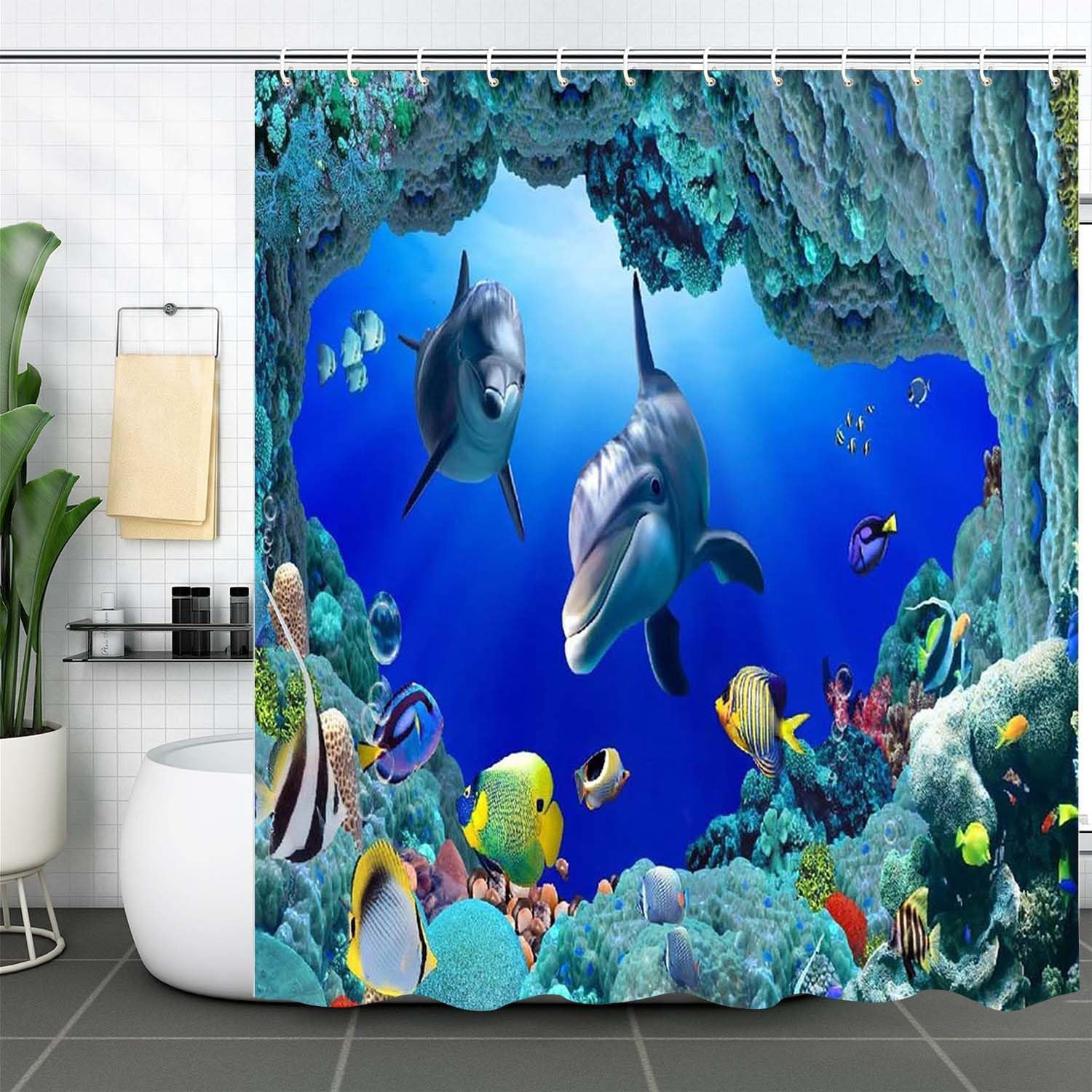 and Fishes Bathroom Sets with Rugs and Accessories Blue Ocean Seaweed Shower Curtains Set Bathroom Sets for Boys and Girls Underwater Sea World Bathroom Sets with Bath Mat