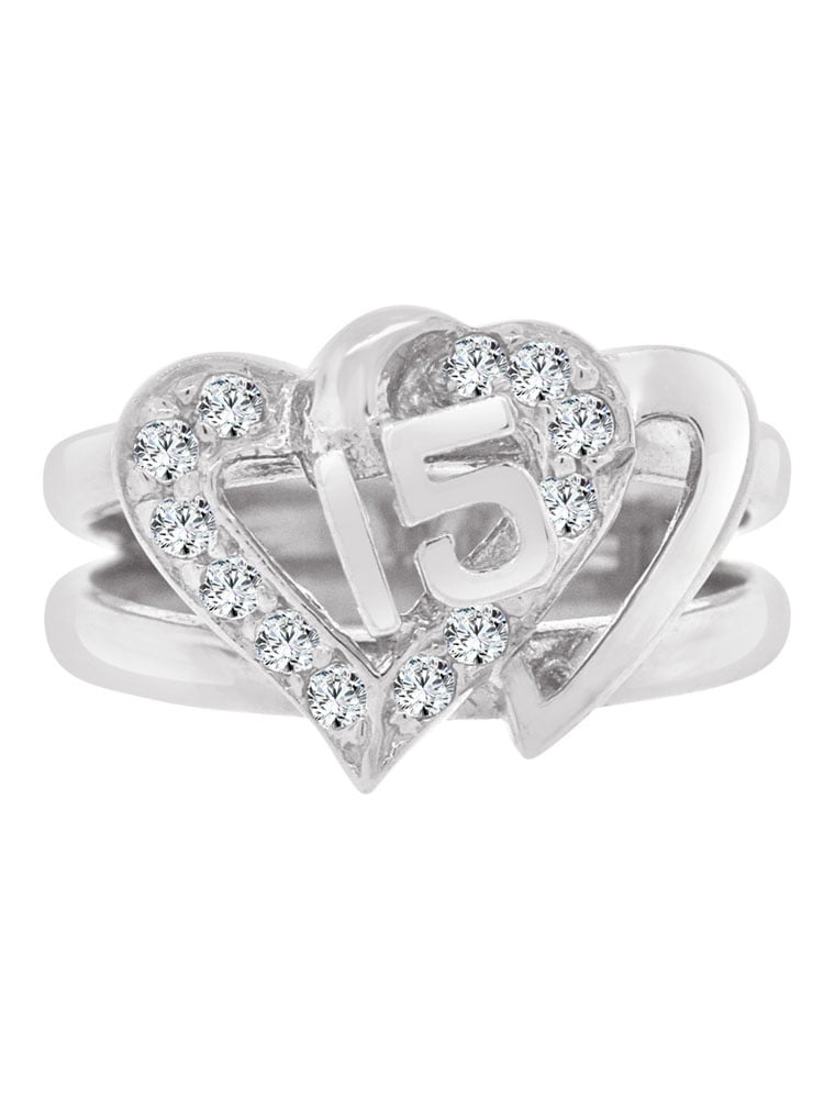 Sterling Silver White Rhodium, Double Heart 15 Anos Quinceanera Ring