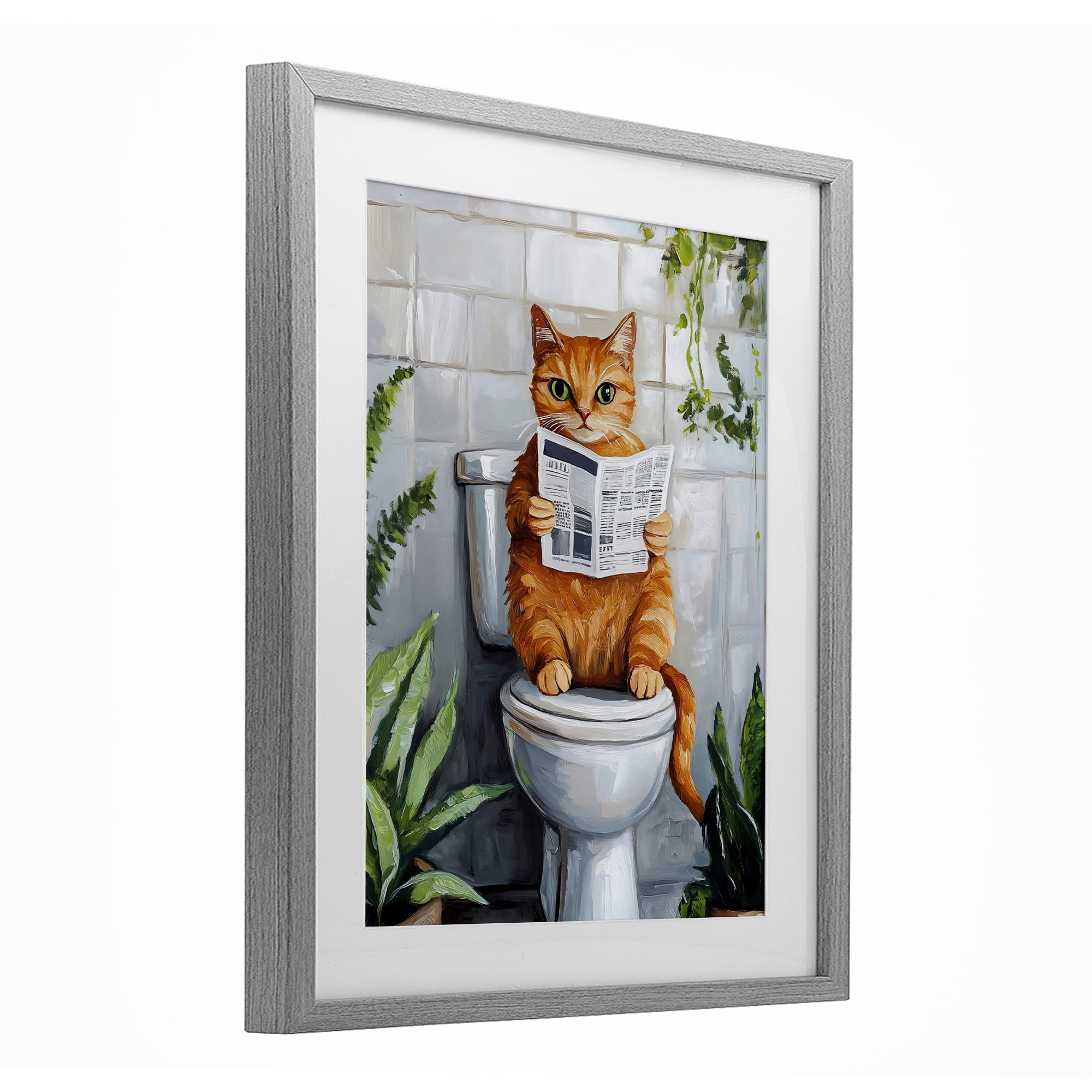 Stupell Industries Orange Cat Reading Paper Gray Framed Print Under Glass, design by The Prints Vibe