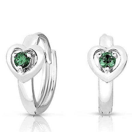 Girls Sterling Silver and May Simulated Birthstone Color Heart Design Round Huggie Earrings for Girls