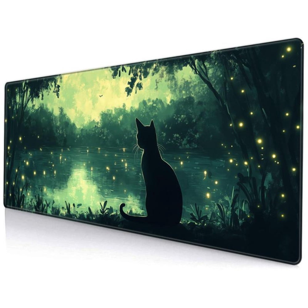 HELLOYOUNG Gaming Mouse Pad, Extra Large Non-Slip Mouse Mat, Cat and Forest Pattern Computer Desk Pad with Stitched Edges for Office & Home Decor