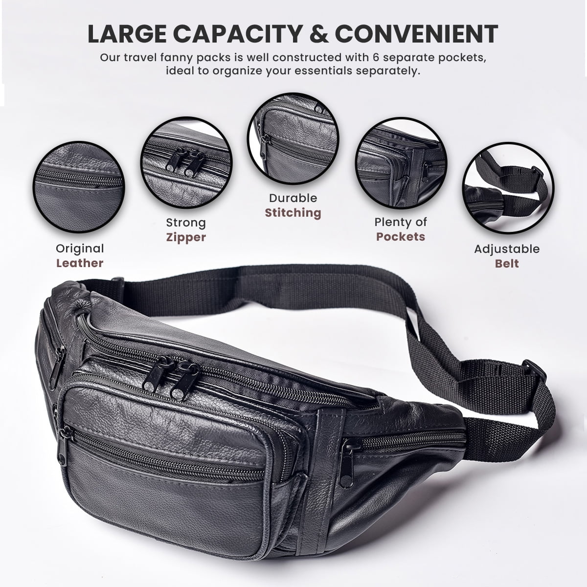 Fanny Pack Leather Waist Bag Hip Belt Zipper Pouch Pocket Travel Sport for MenFanny Pack Leather Waist Bag Hip Belt Zipper Pouch Pocket Travel Sport for Men