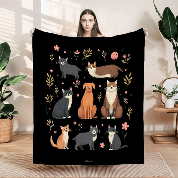 Whimsical Cartoon Animal Flannel Blanket - Cozy Soft Blanket with Gray Cat Brown Dog & Floral Design for Sofa Travel & Bed