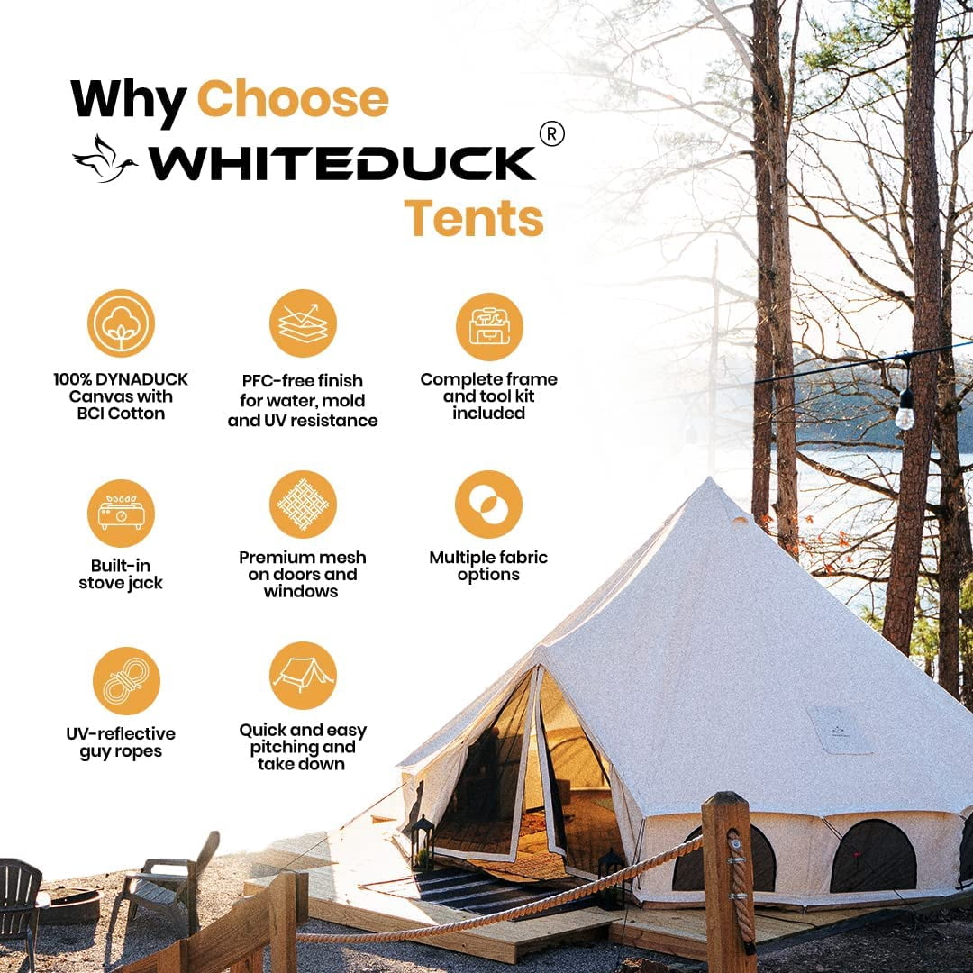 WHITEDUCK Avalon Canvas Bell Tent - Luxury All Season Tent for Camping & Glamping Made from Premium & Breathable 100% Cotton Canvas w/Stove Jack, Mesh (16' (5M), Fire Water Repellent)