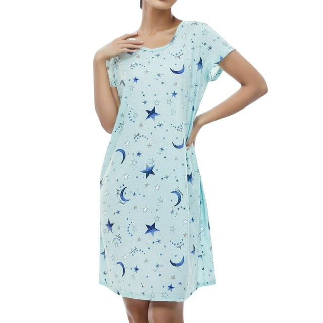 Kcodviy Chemise de Nuit en Coton pour Femme, Vêtement de Nuit, Chemise de Nuit en Coton pour Femmes, Manches Courtes, Chemise Décontractée de Sommeil, Paquet, Robe de Nuit Imprimée