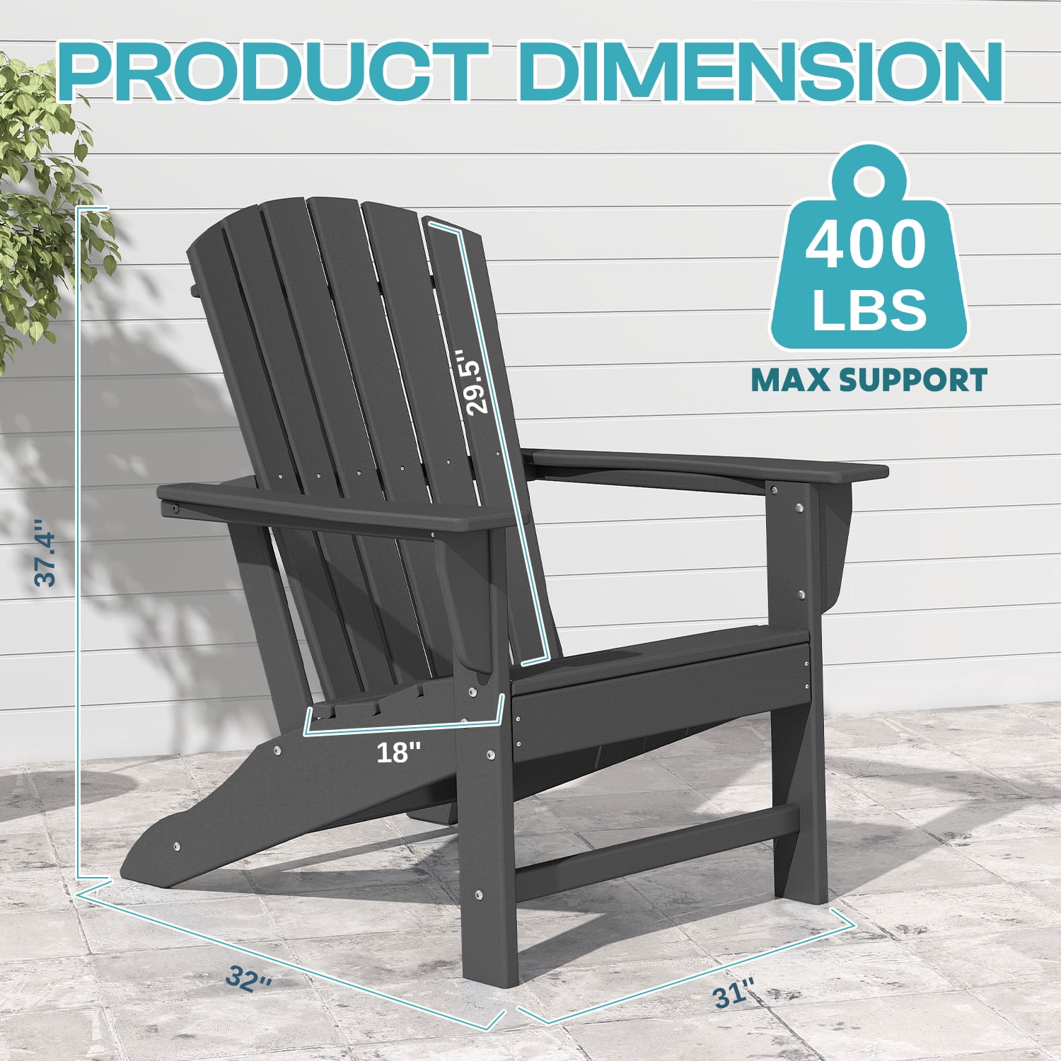 PIPOPA Outdoor Adirondack Chair, HDPE All Weather Patio Chair for Deck Backyard Garden, Grey
