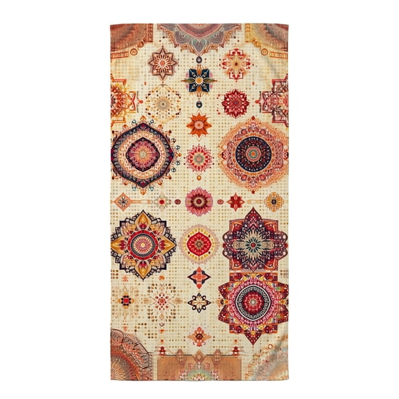 Boho beach towel a bunch of different colored medallions on a beige background beach toweks giant towel high quality microfiber towels travel beach towel