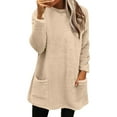 thumbnail image 5 of Women's Mid-Length Plush Sweatshirt, Double-Sided Fleece Pullover with Pockets, Crew Neck Casual Long Sleeve Top, Soft Warm Layering Piece, Autumn Winter Comfort Wear Beige L, 5 of 9