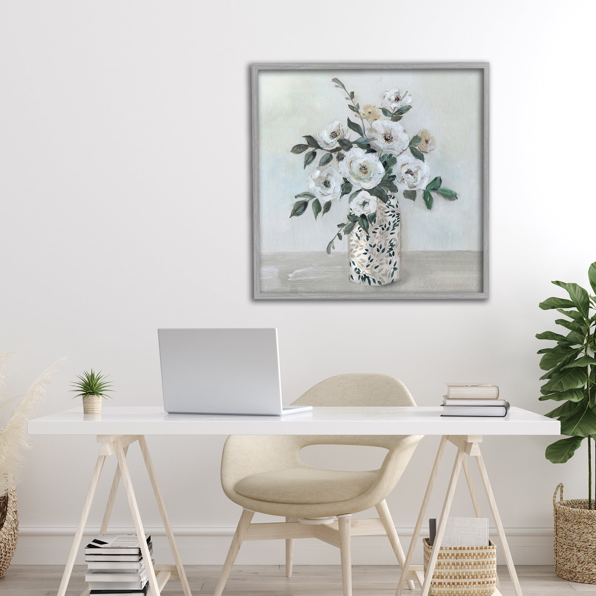 Stupell Industries Leaf Patterned Flower Vase Gray Framed Giclee Art, design by Sally Swatland