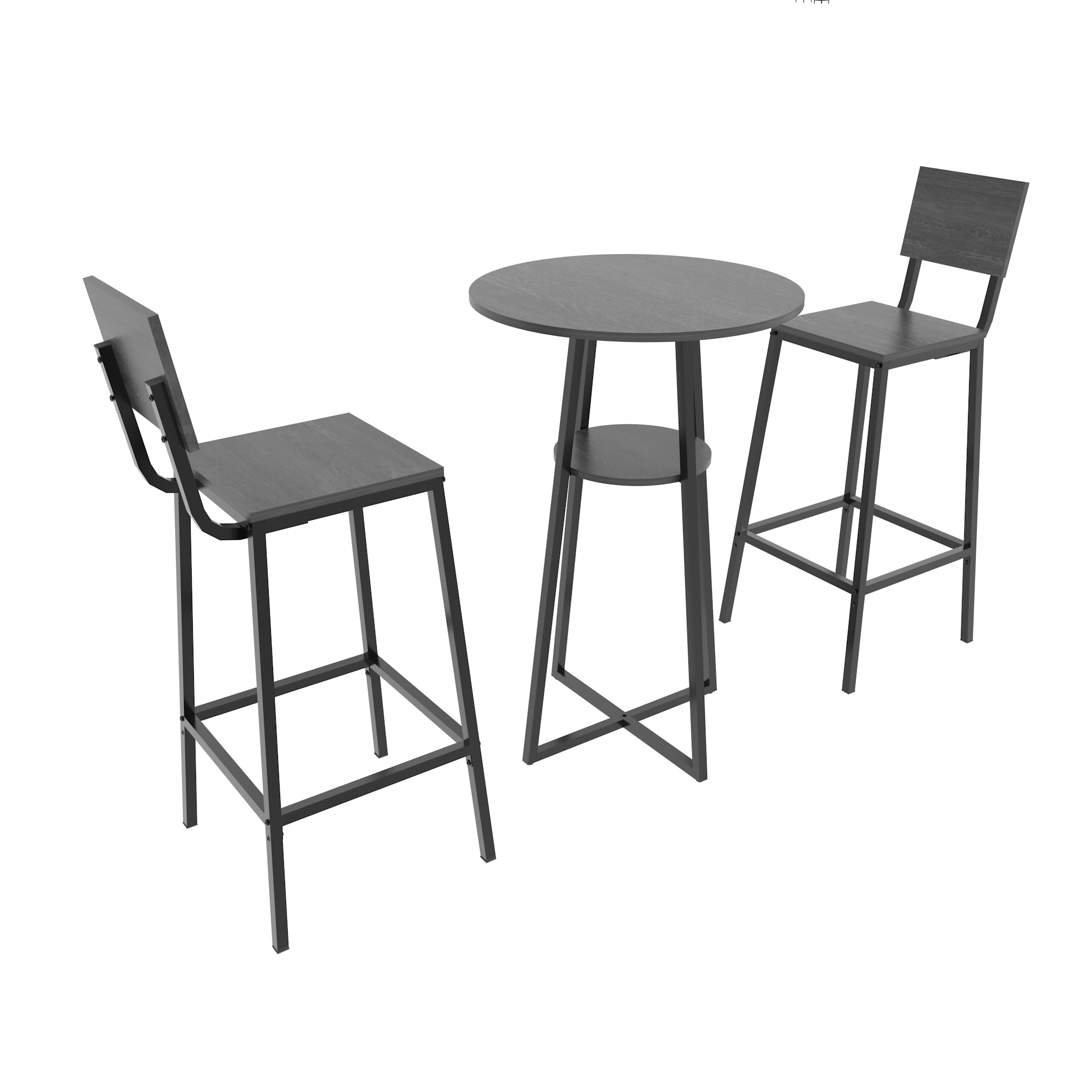 GARITIN 3 Piece Bar Table Set with 2 Bar Stools, Round Pub Height Bistro Table with Storage Shelf for Kitchen Apartment Balcony, Charcoal Grey